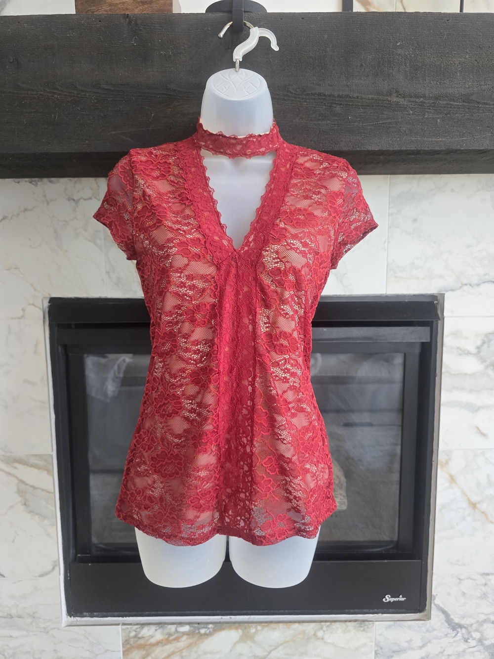 Express Dark Red Lace V-Neck Top with Choker Accent